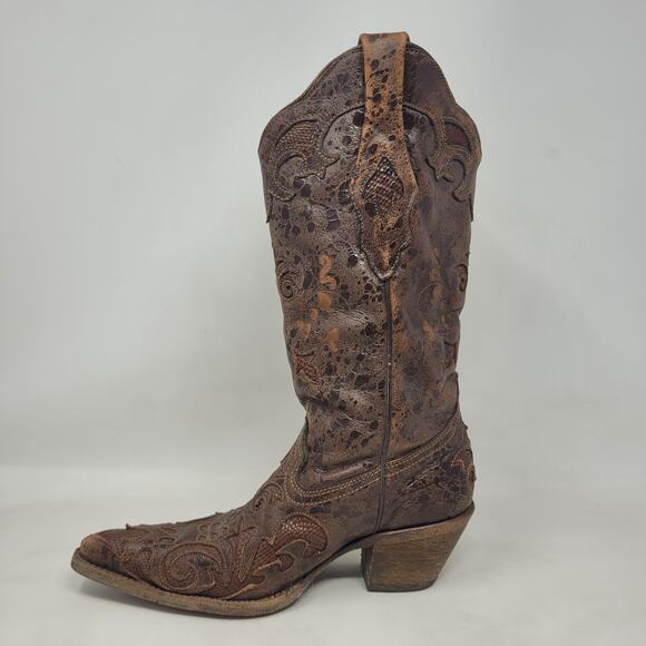 Corral Boots 6.5 Brown Lizard Leather Inlay Snip Toe Cowgirl Western Rodeo C2109 - Picture 7 of 13